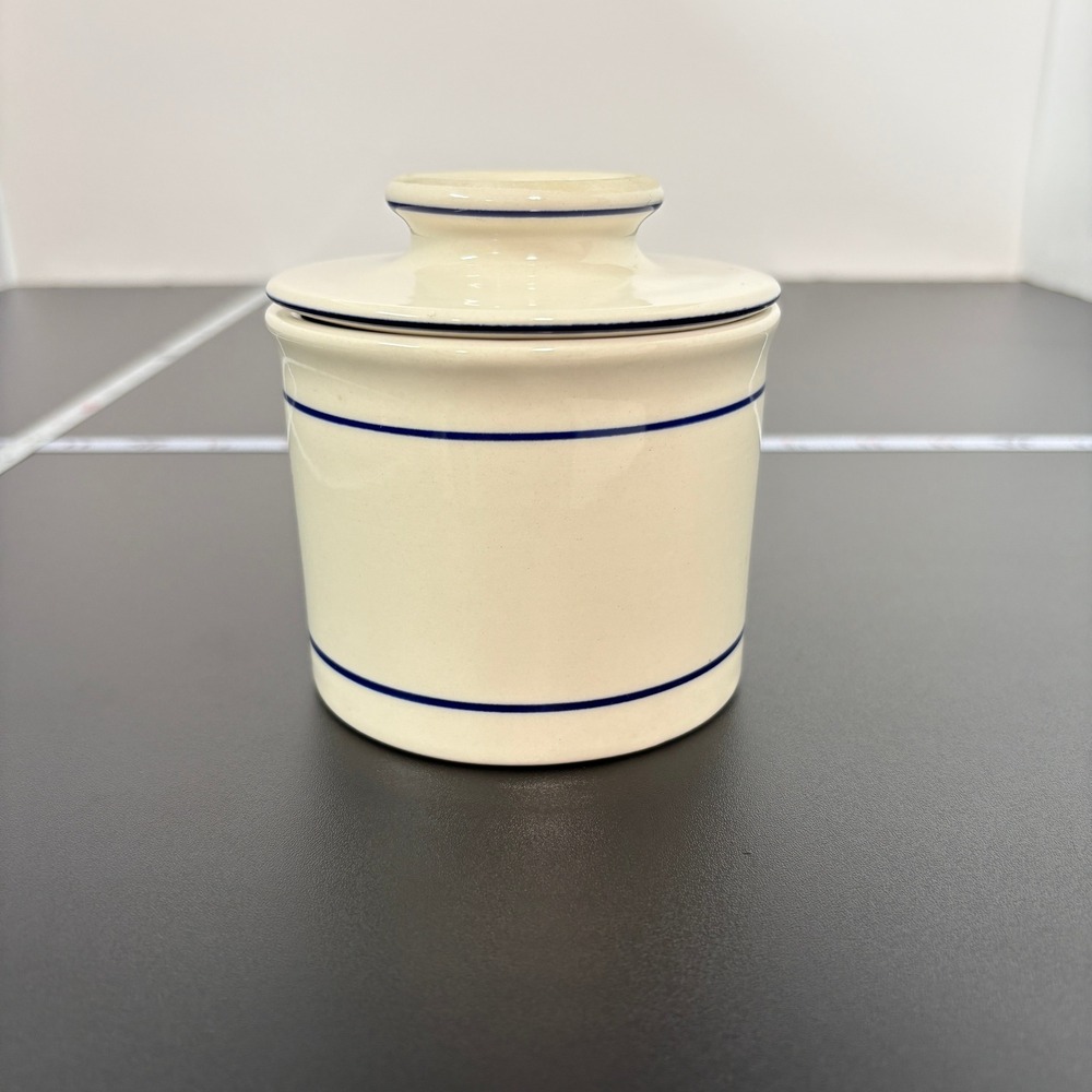 Unbranded Butter Bell Crock One Size Cream Blue Striped Ceramic French Country